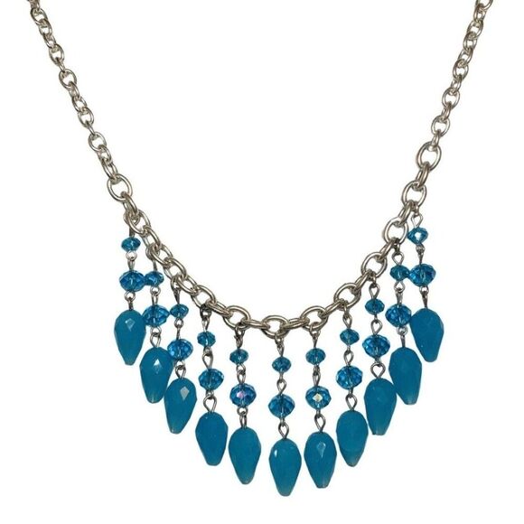 Ice Blue Teardrop Faceted Sparkly Rhinestone Silver Tone Vintage Necklace 18” - Picture 2 of 11